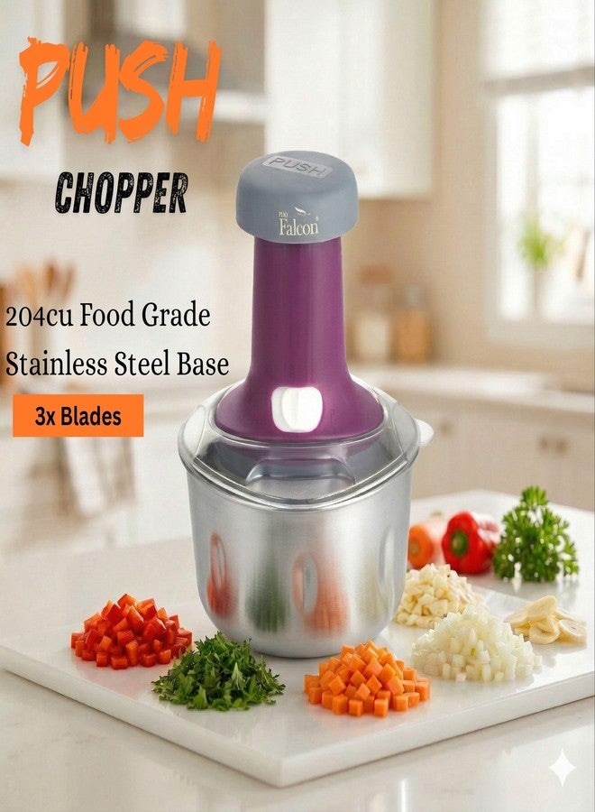 PddFalcon Hand Press Push Chopper with 3 Blades, with BIS Certified, Jindal Seal & Made in India 600ml (Push Chopper 600ml, Purple) - Image 3