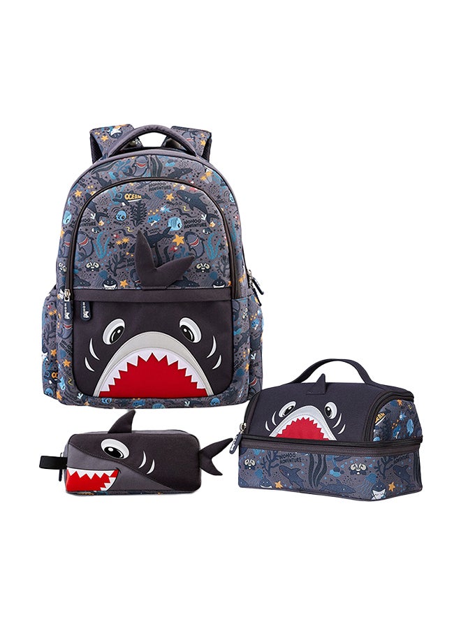 Nohoo Kids 16 Inch School Bag with Lunch Bag and Pencil Case (Set of 3) Shark - Grey - Image 1
