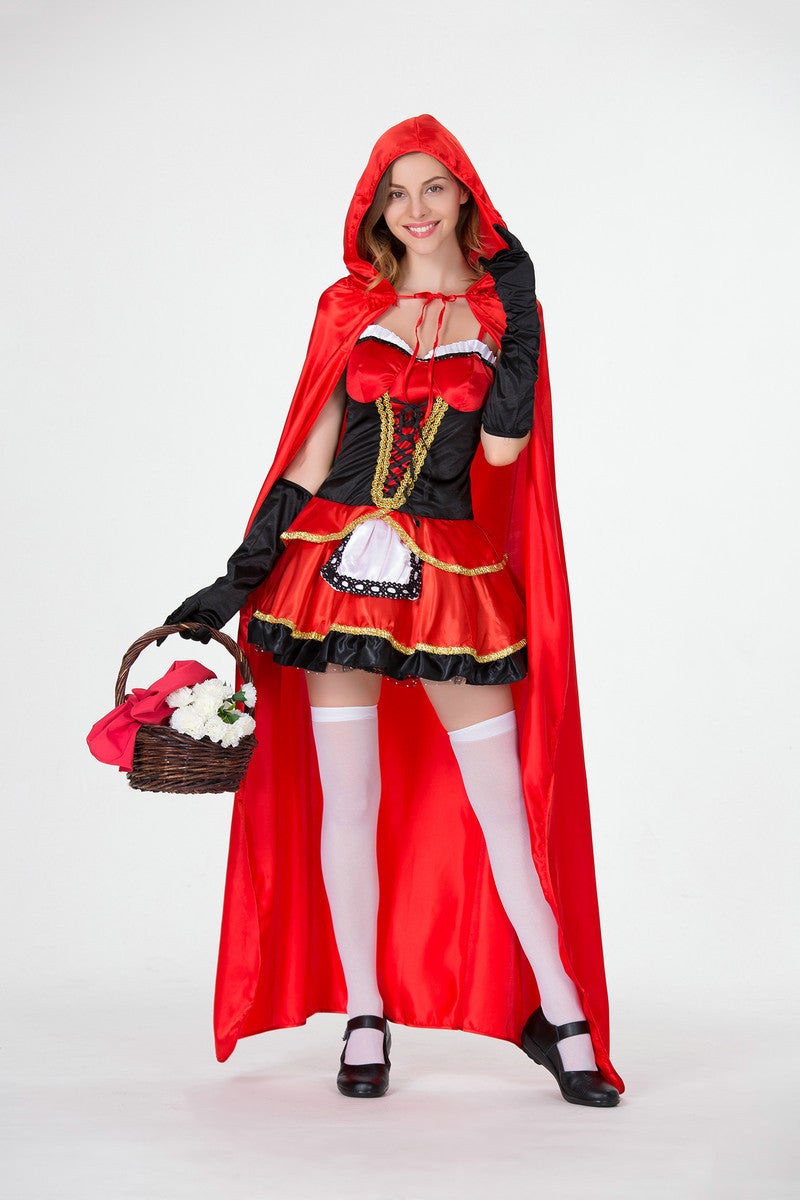Halloween Costume Red Red Red Riding Hood cosplay Costume European and American Foreign Trade Ball Queen Witch Game Costume Red [skirt cloak gloves]]