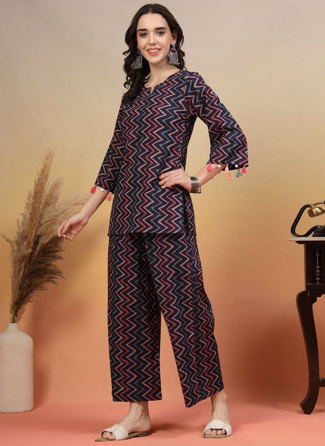 COTLAND FASHION تونك دائري العنق مطبوع من قطن نقي مع بنطلون بالازو من كوتلاند فاشن - Image 5