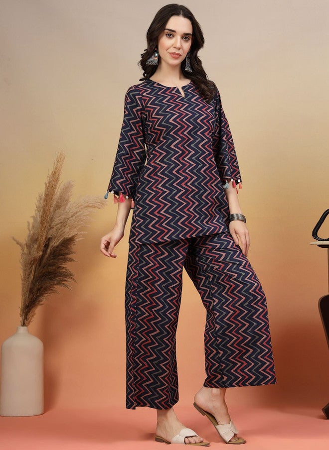 COTLAND FASHION تونك دائري العنق مطبوع من قطن نقي مع بنطلون بالازو من كوتلاند فاشن - Image 4