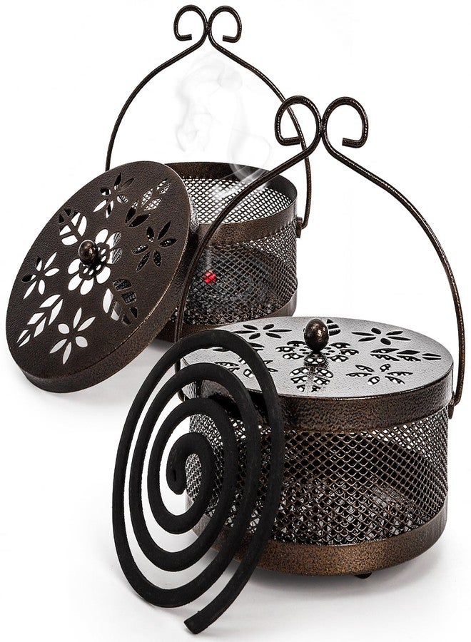 Elsjoy 2 Pack Metal Mosquito Coil Holders, Portable Mosquito Incense Burner with Lid and Handle for Indoor and Outdoor, Bronze - Image 1