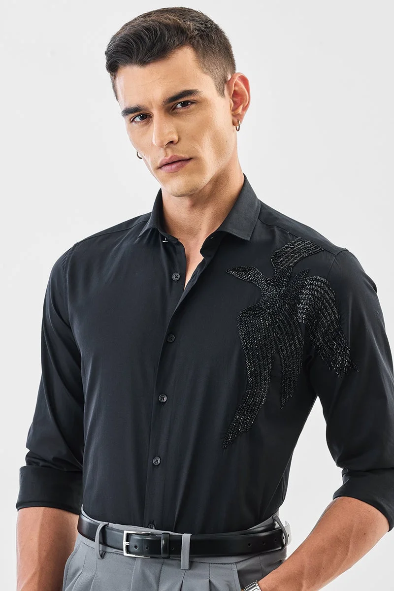 سنيتش Black Embellished Long Sleeve Slim Fit Formal Luxe Shirt