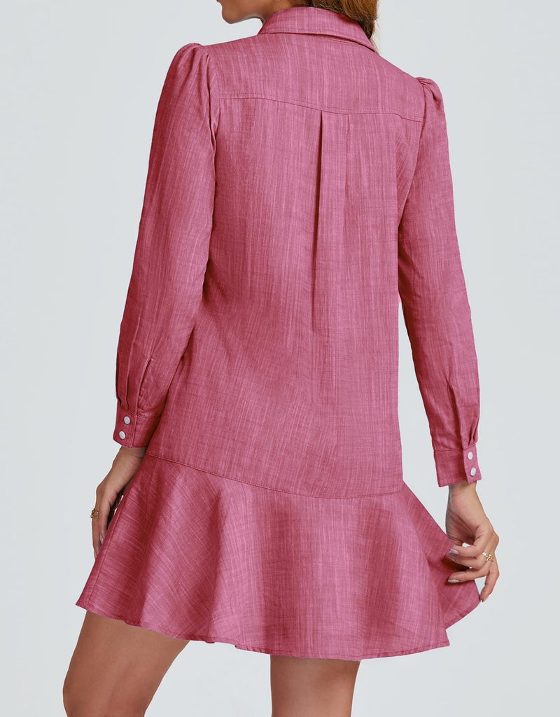 LifeShe Women's Tunic Mini Shirt Dress Cotton Long Sleeve Ruffle Hem Dress Button Up Shift Chambray Dresses - Image 5