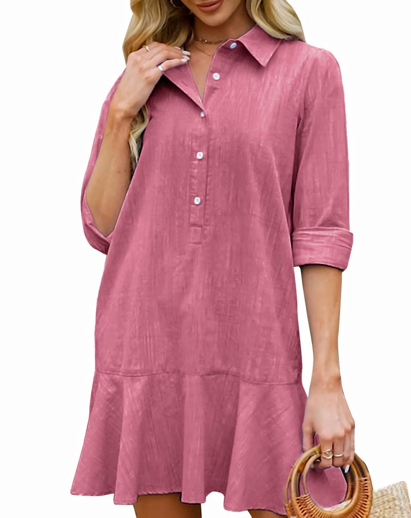 LifeShe Women's Tunic Mini Shirt Dress Cotton Long Sleeve Ruffle Hem Dress Button Up Shift Chambray Dresses - Image 1
