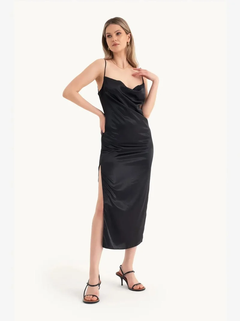 HICCUP Satin Cowl Neck Strappy Slit Maxi Dress