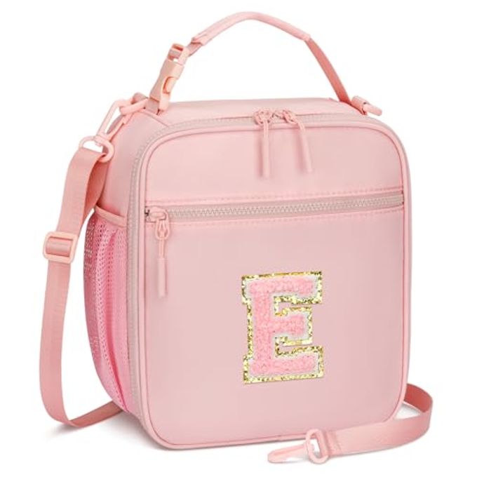 CLOUDWINGS Initial Insulated Lunch Bag for Girls Kids, Back to School Gift, Reusable Leak-proof Lunch Box with Adjustable Strap for School Daycare Travel Picnic (Pink,E)