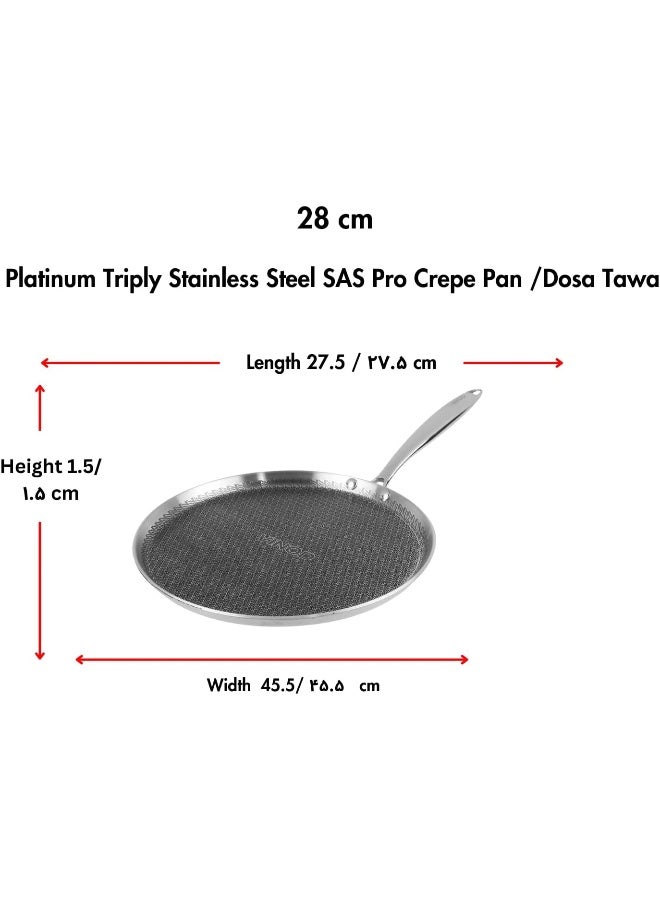 VINOD SAS Pro Platinum Triply Stainless Steel Hybrid Non Stick Dosa Tawa - 28 cm | 4 mm Thick | HexaShield Design Stick-Resistant Surface | Metal Spatula Safe | Induction & Gas Compatible | PFOA-Free - Image 3