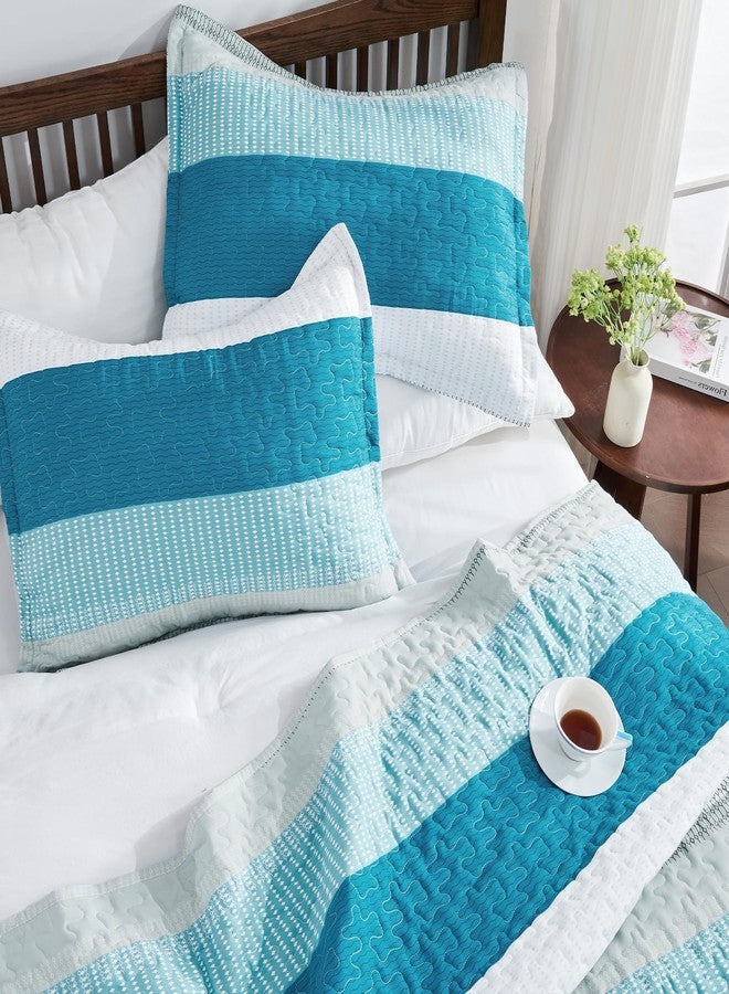 Andency Teal and White Striped Quilt Set Cal King(104x112Inch), 3 Pieces (1 Quilt and 2 Pillowcases) Patchwork Bedspread Coverlet Set, Soft Lightweight Quilted Bedding Set - Image 3