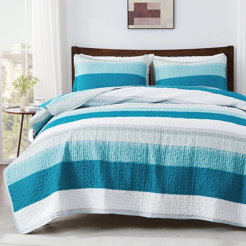 Andency Teal and White Striped Quilt Set Cal King(104x112Inch), 3 Pieces (1 Quilt and 2 Pillowcases) Patchwork Bedspread Coverlet Set, Soft Lightweight Quilted Bedding Set - Image 1