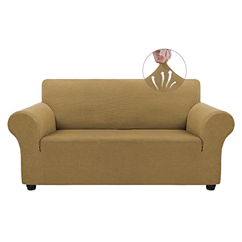 Asnomy Sofa Covers for 2 Cushion Couch Stretch loveseat Covers Slipcovers Pet Protector Furniture Covers for Dogs Cats Spandex Jacquard Fabric Small Checks MediumLight Brown
