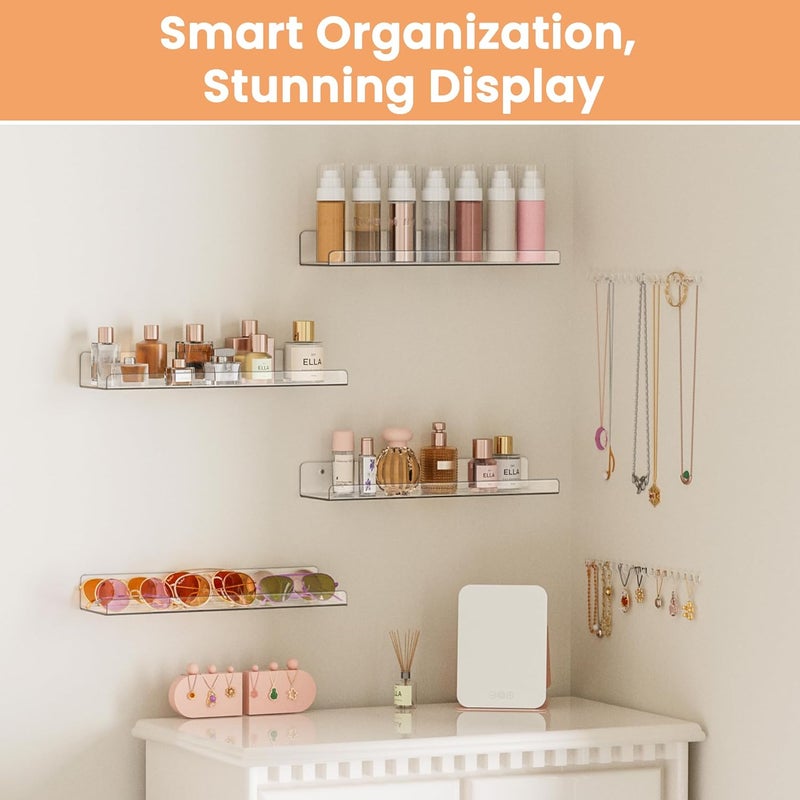 upsimples Acrylic Shelves for Bathroom Storage, 15" Floating Shelves Wall Organizer for Perfume, Make up, Skincare, Kids Bookshelf for Bedroom, Nursery, Living Room Decor, Clear, 4 Pack - Image 4