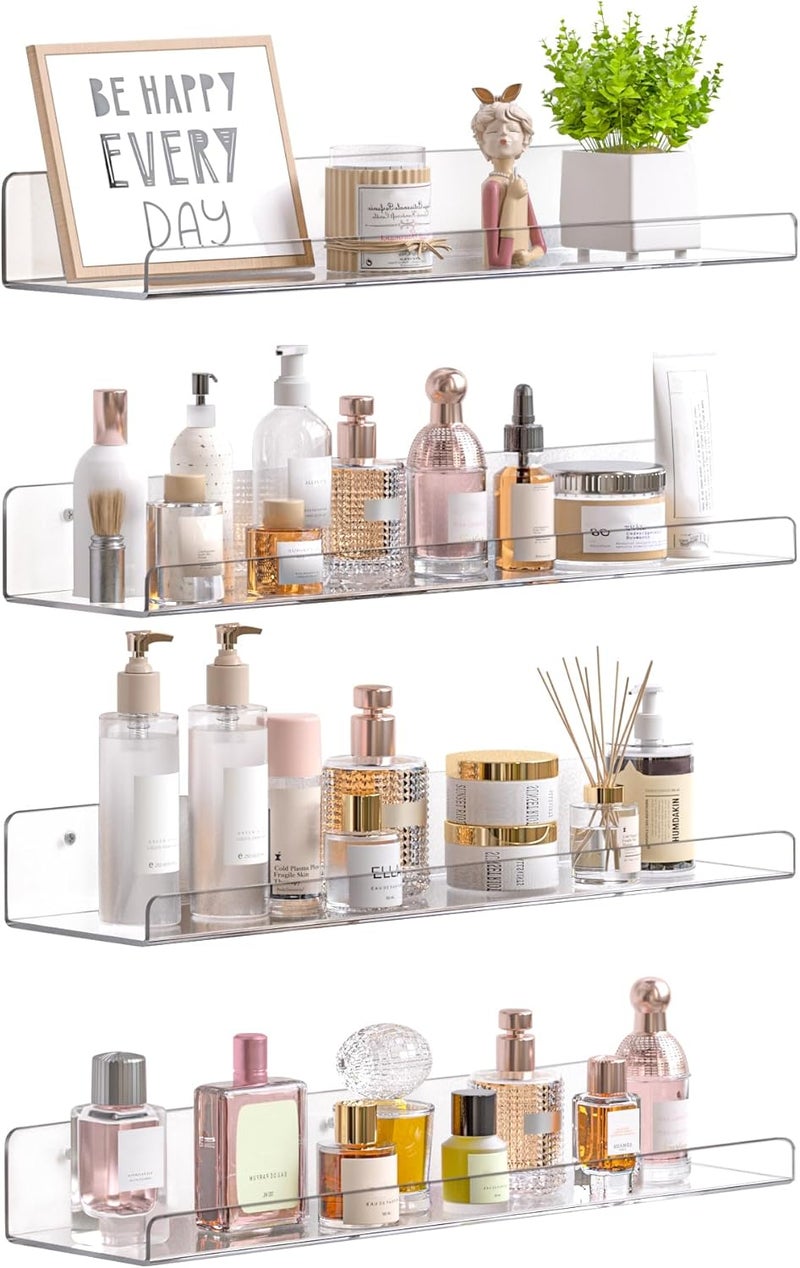 upsimples Acrylic Shelves for Bathroom Storage, 15" Floating Shelves Wall Organizer for Perfume, Make up, Skincare, Kids Bookshelf for Bedroom, Nursery, Living Room Decor, Clear, 4 Pack - Image 1