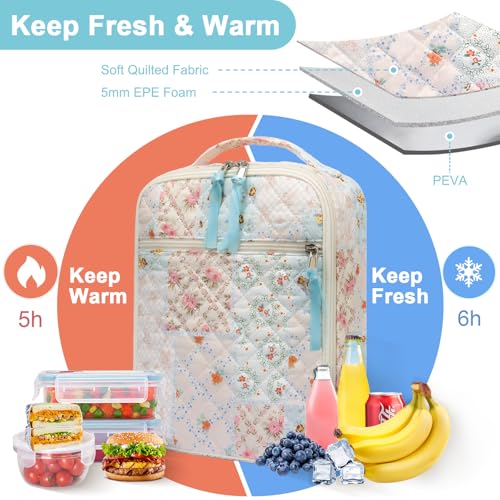 shiprabags Cotton Quilted Lunch Box for Women, Cute Insulated Lunch Bag, Coloful Floral Lunch Tote Bag for Work Picnic Travel Office (coloful floral, M) - Image 5