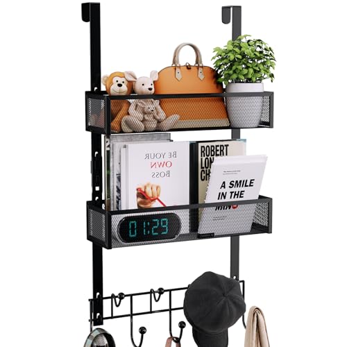 Consumest Over The Door Hooks Organizer - Extra Long Door Hanger with 9 Coat Hooks & 2 Mesh Basket, Back Storage Organizer Hanging Towels for Bathroom, Bedroom, Black (for 1.76 in Doors) - Image 1