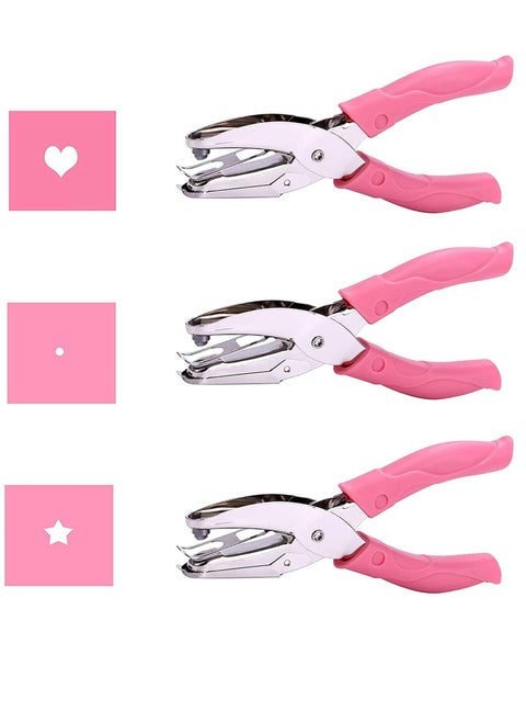 3pcs Small Mini Heart, Star,1/16 inch Small Circle Shaped Hole Paper Puncher with Pink Soft Handheld Grip for DIY Craft Paper Tags Clothing Ticket Scrapbook Tool (Heart, Star, Small Circle)