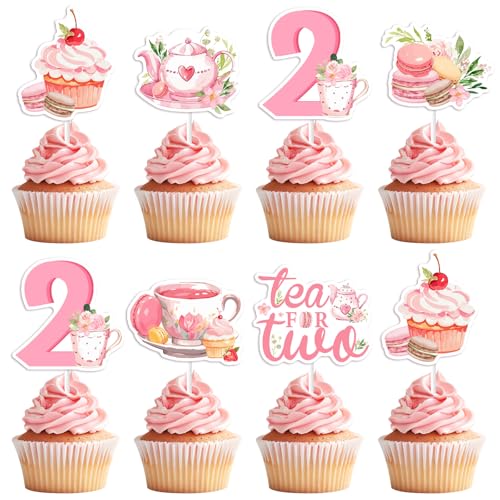 Balterever Tea for Two Birthday Party Decorations for Girls 36PCS Tea for 2 Bday Cupcake Toppers Pink Floral Teapot Theme Bday Party Decors for Teapot Second Birthday Supplies - Image 1
