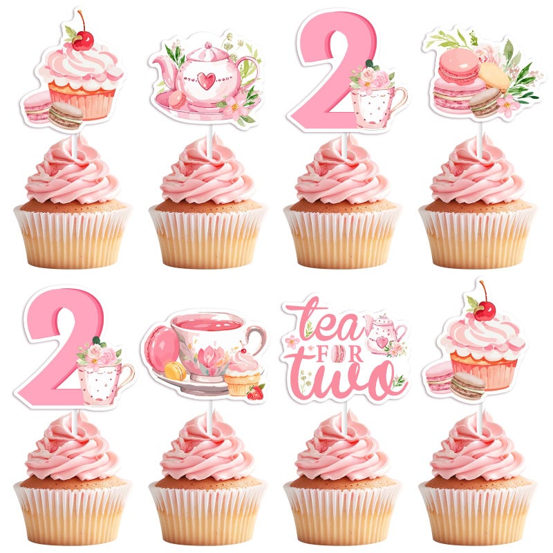 Balterever Tea for Two Birthday Party Decorations for Girls 36PCS Tea for 2 Bday Cupcake Toppers Pink Floral Teapot Theme Bday Party Decors for Teapot Second Birthday Supplies - Image 3