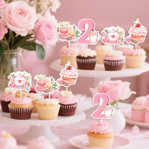 Balterever Tea for Two Birthday Party Decorations for Girls 36PCS Tea for 2 Bday Cupcake Toppers Pink Floral Teapot Theme Bday Party Decors for Teapot Second Birthday Supplies - Image 5