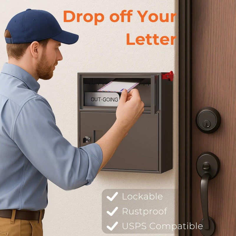 WeHere Wall-Mount Mailbox with Outgoing Flag, Large Secure Mail Box fot Outside, Galvanized Steel Rust-Proof Anti-thef Weatherproof Mailboxes for Office, Commercial, House Porch Front Door, Fence - Image 3