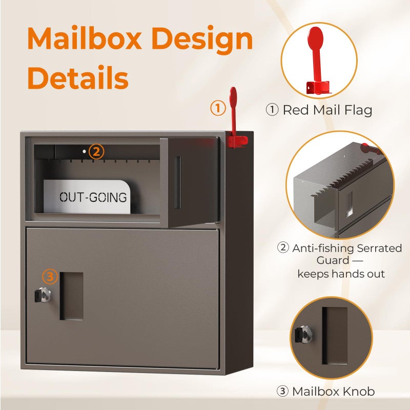 WeHere Wall-Mount Mailbox with Outgoing Flag, Large Secure Mail Box fot Outside, Galvanized Steel Rust-Proof Anti-thef Weatherproof Mailboxes for Office, Commercial, House Porch Front Door, Fence - Image 5