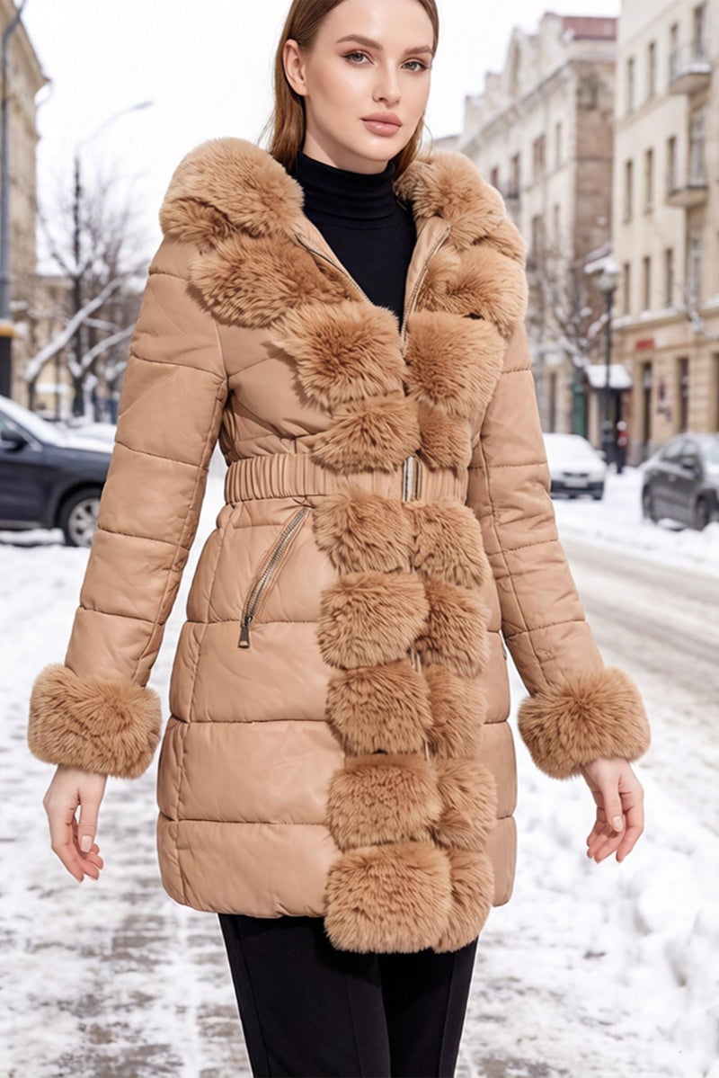 RISISSIDA Puffer Coat Women Winter Down Faux Fur Lined Puffy Jacket with Long Collar Hood, Thicken Quilted Warm Leather Bubble Overcoat Apricot Orange L - Image 3