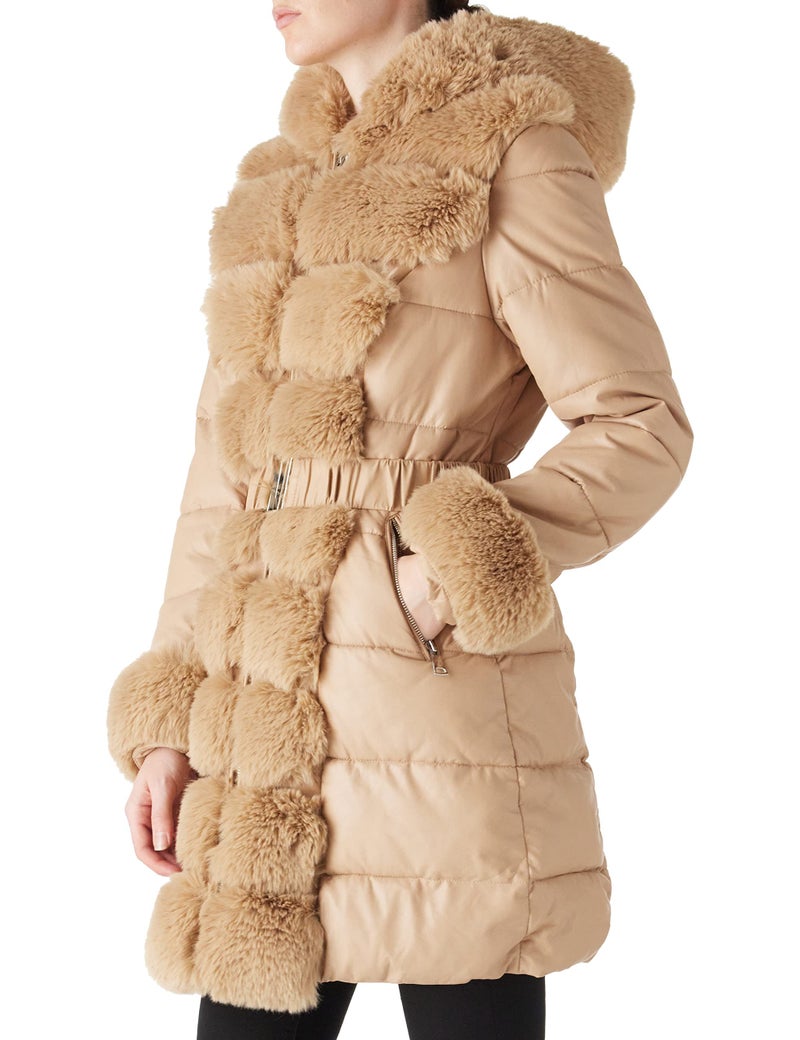 RISISSIDA Puffer Coat Women Winter Down Faux Fur Lined Puffy Jacket with Long Collar Hood, Thicken Quilted Warm Leather Bubble Overcoat Apricot Orange L - Image 2