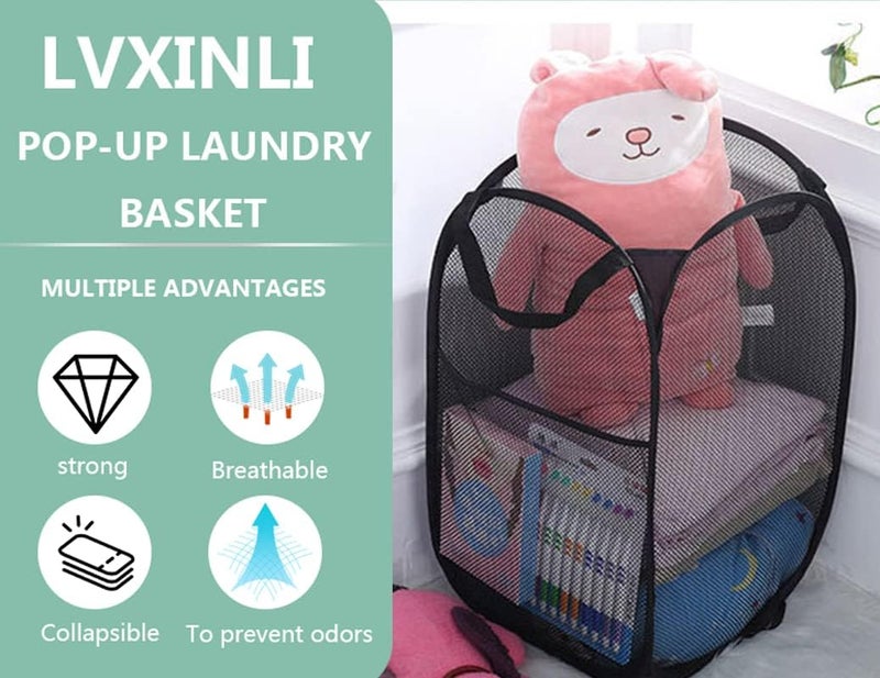 LVXINLI 2 Pack Popup Laundry Hamper,Foldable Mesh Laundry Basket with Durable Handle,Easy to Open and Fold for Dorm, Laundry Room, Bedroom, RV(Black and Black)… - Image 4