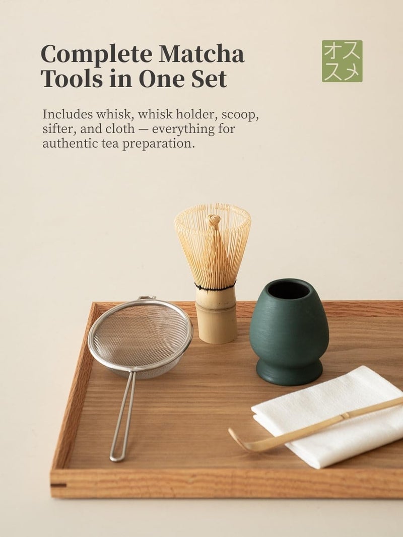 WUSEI 6-pcs Japanese Matcha Whisk Set, Handmade Ceramic Matcha Set with Bowl(Chawan),Bamboo Whisk(Chasen) and Holder, Scoop, Sifter & Tea Towel,Matcha Kit for Ceremony (Turquoise Green) - Image 5