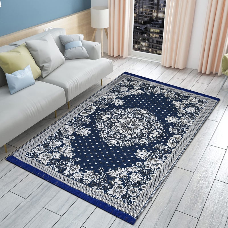 Purav Light Traditional Design Cotton Carpet for Living Room| Elegant Design Carpets| Carpet for Home Decoration,Living Room| 5x7 Feet Kaleen Mat| Washable| Colour- Navy Blue|Pack of 1 - Image 4