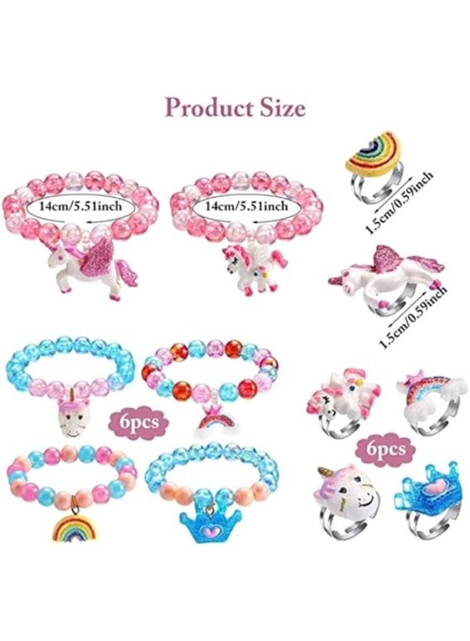 Beauenty Unicorn Bracelet Ring Set for Girls 12 Pcs, Stocking Fillers for Girls Jewelry Set Shiny Rainbow Unicorn Crown Beaded Bracelet with Colorful Adjustable Rings - Image 5