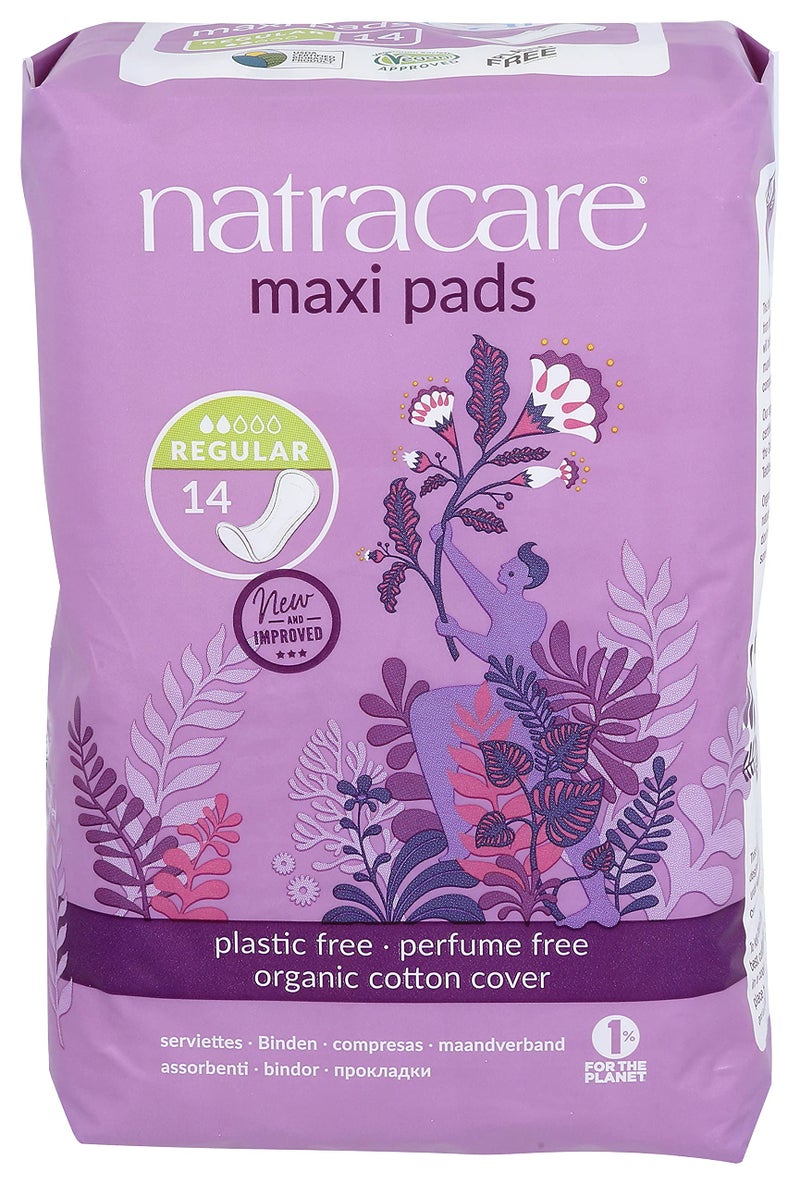 Natracare Natural Traditional Style Maxi Pads, Regular, Individually Wrapped, Without Wings in Plant-Based Bag (1 Pack, 14 Pads Total) - Image 1