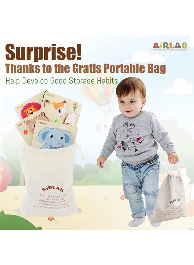 Airlab Wooden Puzzles for Toddlers 1 2 3 Year Old Animals Shape Puzzle Toys for Travel Airplane Gift for Kids Montessori Early Development Gifts for Baby Boys Girls with Drawstring Bag Pack of 4 - Image 1