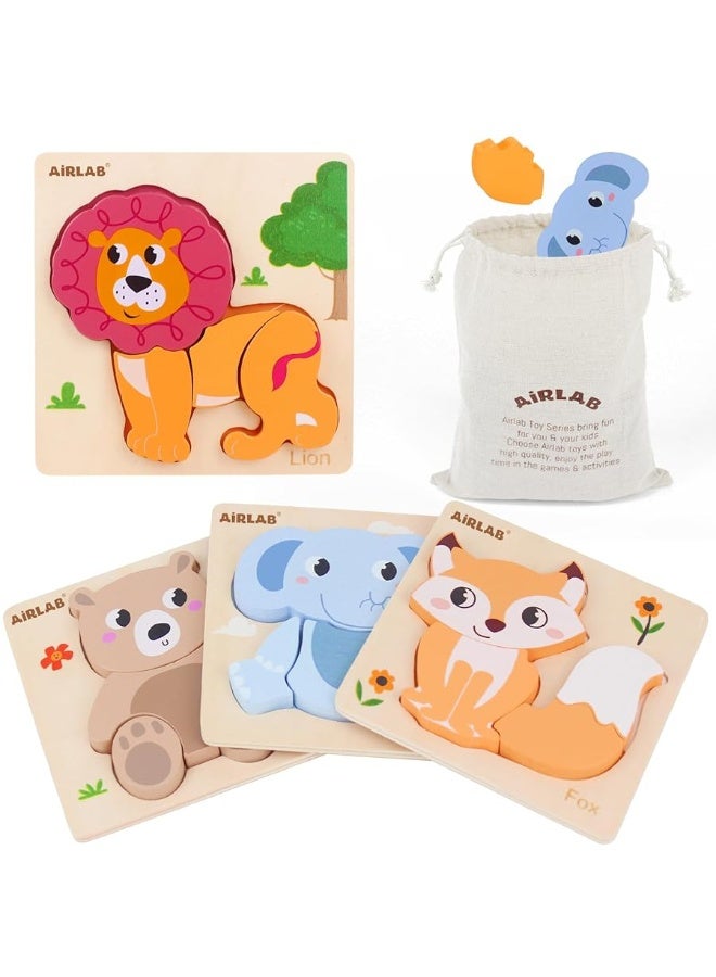 Airlab Wooden Puzzles for Toddlers 1 2 3 Year Old Animals Shape Puzzle Toys for Travel Airplane Gift for Kids Montessori Early Development Gifts for Baby Boys Girls with Drawstring Bag Pack of 4 - Image 4