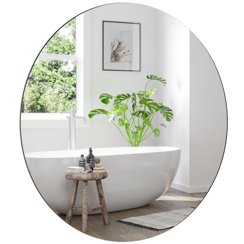 Dripex 60 x 60cm Frameless Round Mirror Wall Mounted Bathroom Mirror with Polished Edge  Preinstalled Hole Home Deco Hanging for Hallway Bedroom Living Room