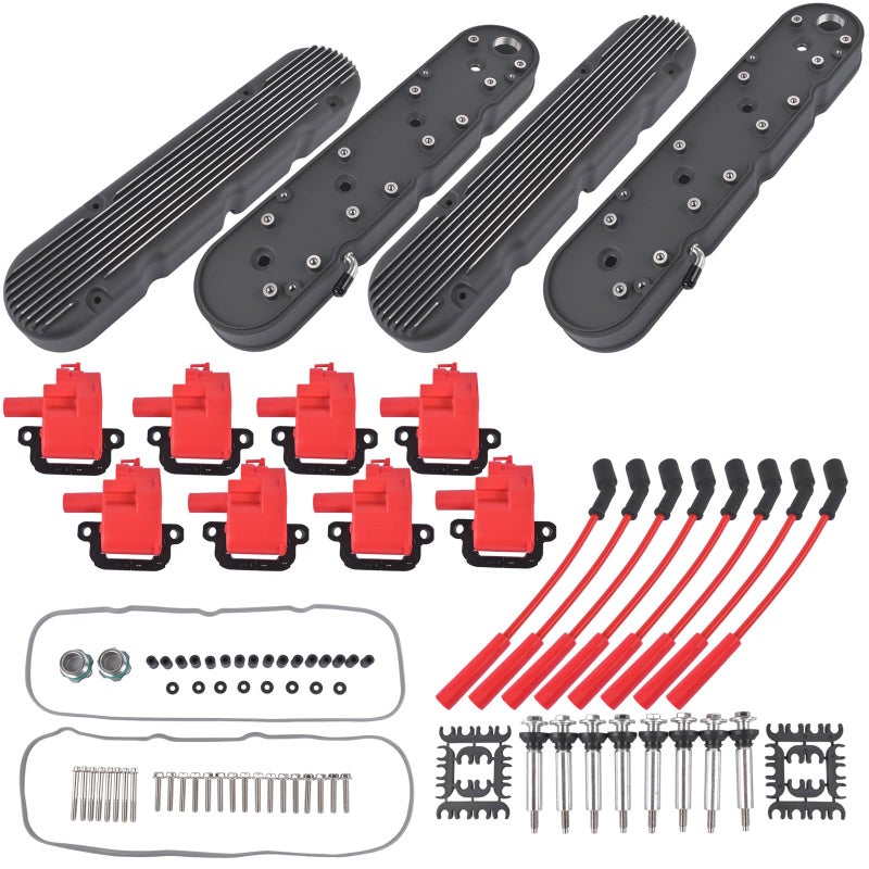 Aluminum Valve Cover with 2PCS Finned Vintage Hidden Coil Replacement for Chevy GM LS  Black