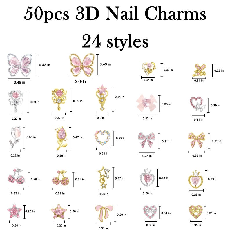 Laza 50pcs Nail Charms Y2k Alloy Nail Rhinestone Charms 3D Heart Star Butterfly Nail Gems Tulips Cherry Pink Bow Jewelry Crystal Shiny Rhinestones Nail Decoration Accessories for Nail Design - Image 3