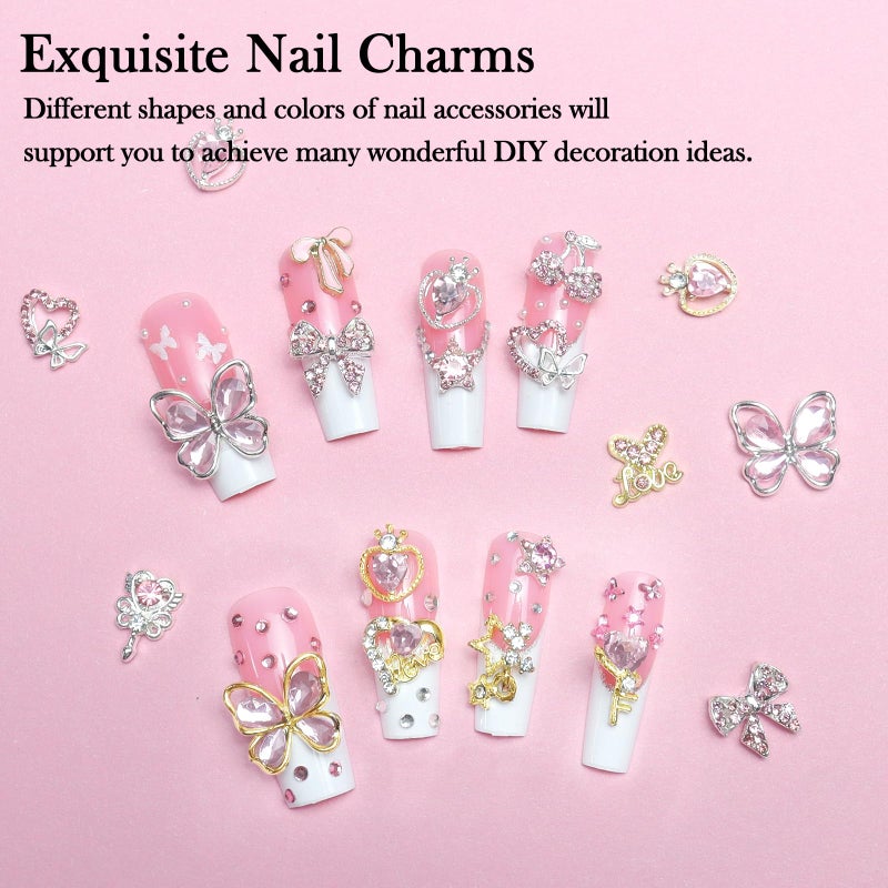 Laza 50pcs Nail Charms Y2k Alloy Nail Rhinestone Charms 3D Heart Star Butterfly Nail Gems Tulips Cherry Pink Bow Jewelry Crystal Shiny Rhinestones Nail Decoration Accessories for Nail Design - Image 4