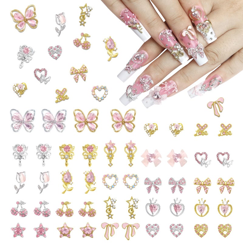 Laza 50pcs Nail Charms Y2k Alloy Nail Rhinestone Charms 3D Heart Star Butterfly Nail Gems Tulips Cherry Pink Bow Jewelry Crystal Shiny Rhinestones Nail Decoration Accessories for Nail Design - Image 1