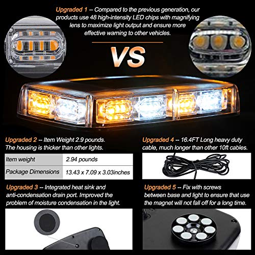ASPL 2pcs 48LED Roof Top Strobe Lights, High Visibility Emergency Safety Warning LED Mini Strobe Light bar with Magnetic Base for 12-24V Snow Plow, Trucks, Construction Vehicles (Amber/White) - Image 2