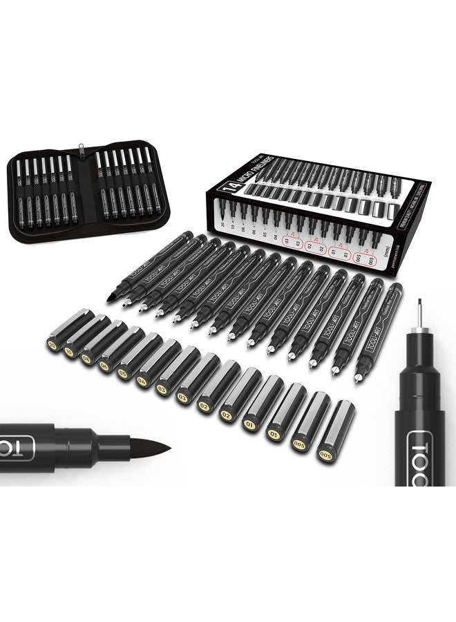 TOOLI-ART Microline 14 Pens With Case Fineliner Multiliner Archival Ink Waterproof Journaling Illustration Architecture Technical Drawing Outlining Scrapbooking Manga Writing Rock Painting Black - Image 1