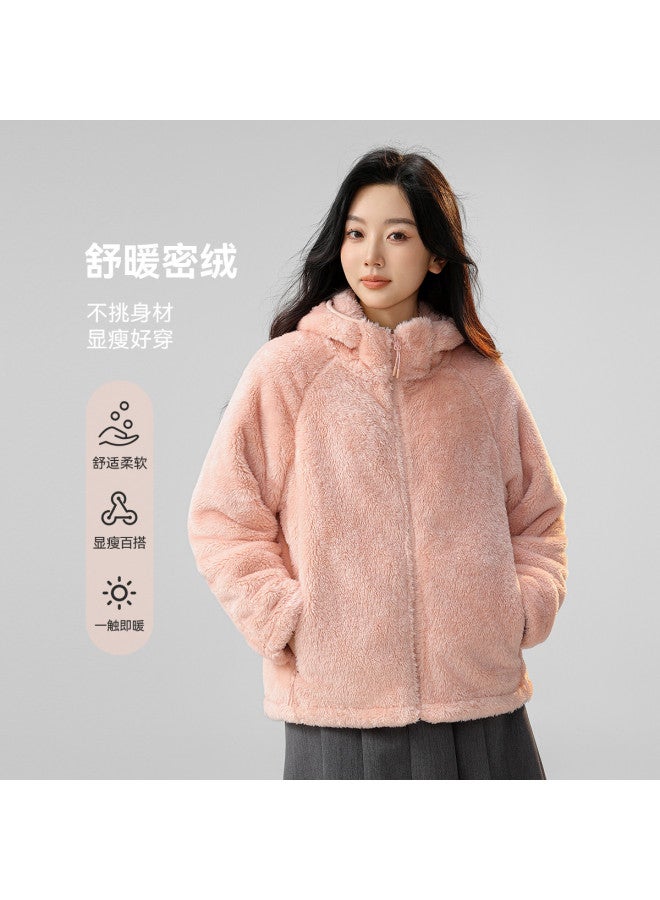 Flying in the snow Hooded Coral Fleece Jacket For Women, Autumn/winter Style, Simple Pocket, Solid Color, Warm Top - Image 3