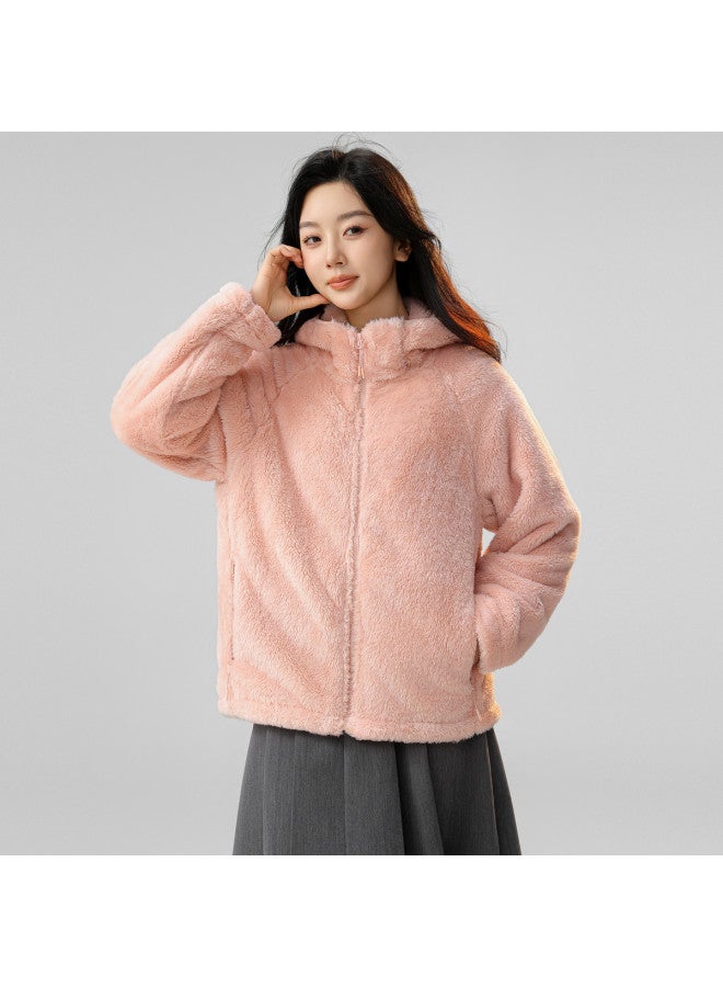 Flying in the snow Hooded Coral Fleece Jacket For Women, Autumn/winter Style, Simple Pocket, Solid Color, Warm Top - Image 5