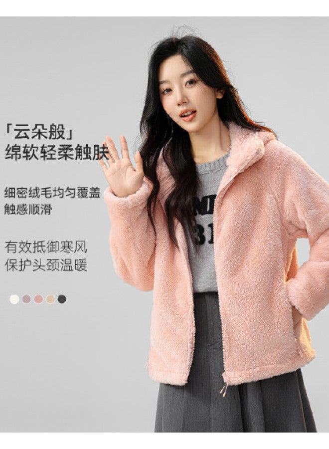 Flying in the snow Hooded Coral Fleece Jacket For Women, Autumn/winter Style, Simple Pocket, Solid Color, Warm Top - Image 1