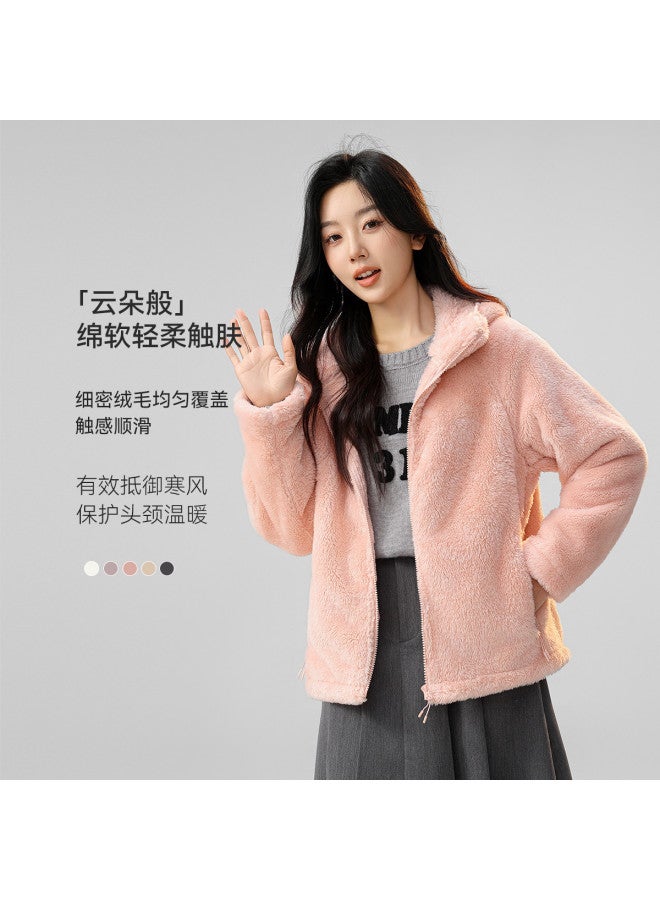 Flying in the snow Hooded Coral Fleece Jacket For Women, Autumn/winter Style, Simple Pocket, Solid Color, Warm Top - Image 2