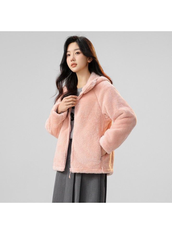 Flying in the snow Hooded Coral Fleece Jacket For Women, Autumn/winter Style, Simple Pocket, Solid Color, Warm Top - Image 4