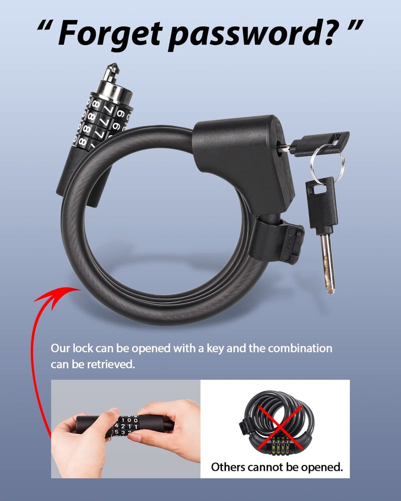 KEYSTP Bike Lock Cable with Combination Key,Password Lost Retrievable Bicycle Lock Anti-Theft,Resettable Bike Combination Lock with Mounting Bracket - Image 3