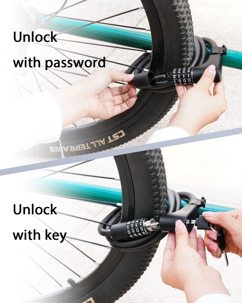 KEYSTP Bike Lock Cable with Combination Key,Password Lost Retrievable Bicycle Lock Anti-Theft,Resettable Bike Combination Lock with Mounting Bracket - Image 2