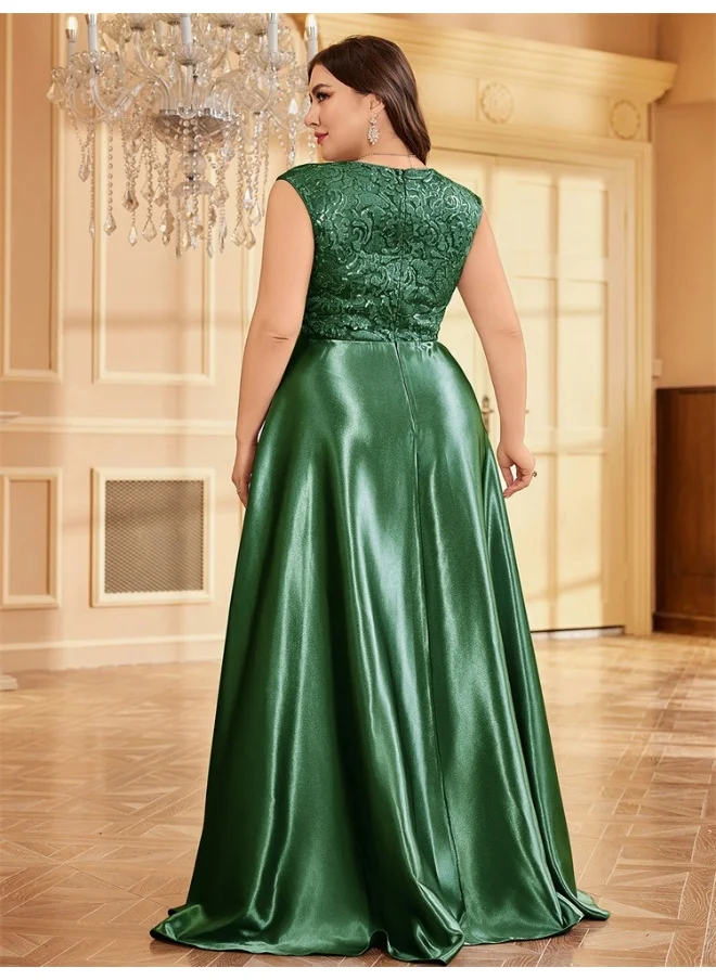 Madam Uniq Dark Green Plus Size Sleeveless V-Neck Embroidered Evening Gown
