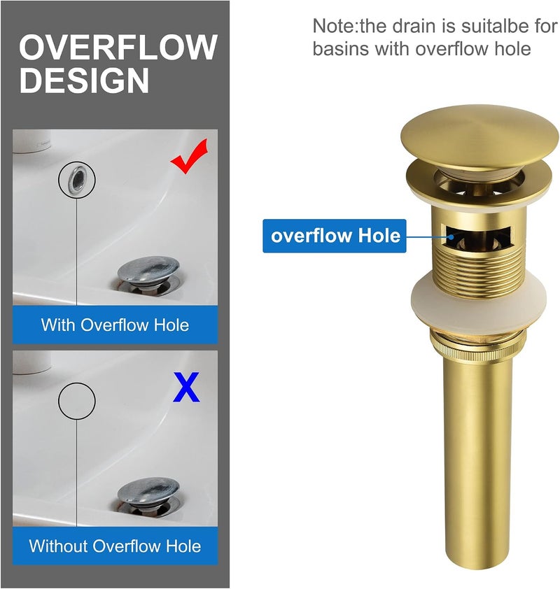 SHAMANDA Brass Bathroom Sink Drain, Vessel Vanity Sink Pop Up Drain Stopper with Overflow Lavatory Drain Assembly, Brushed Gold, DS101-3 - Image 3
